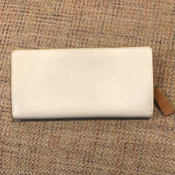 COLE HAAN Ivory Calfskin & Vachetta Leather Long Bifold Wallet Turquoise Lining - Picture 3 of 17